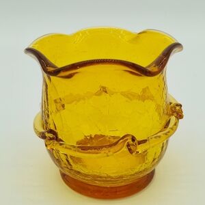 Yellow Gold Crackle Glass Decorative Vase Vintage Antique Ruffled